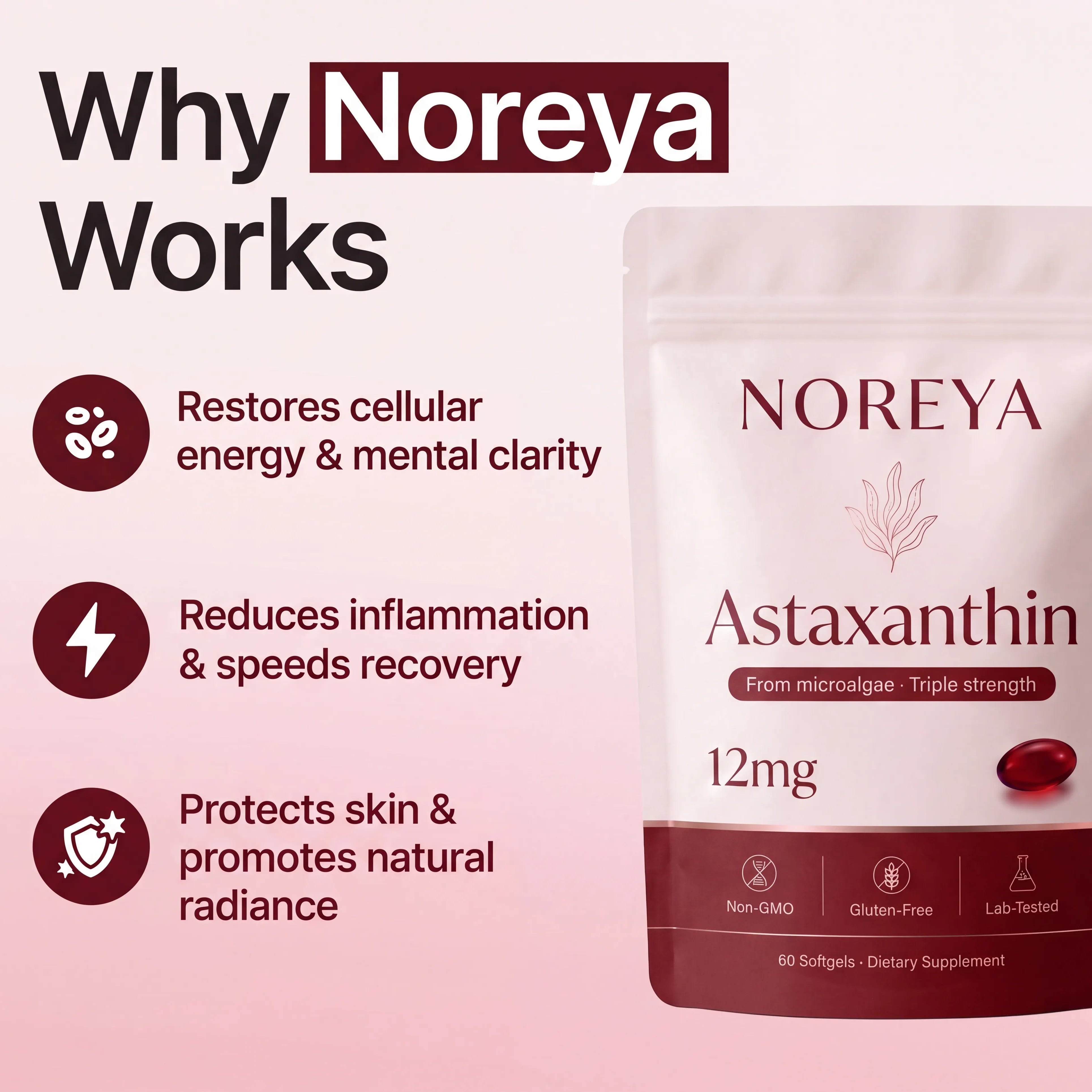 NOREYA Astaxanthin - Nature’s Most Powerful Antioxidant for Whole Body Support & Cellular Protection